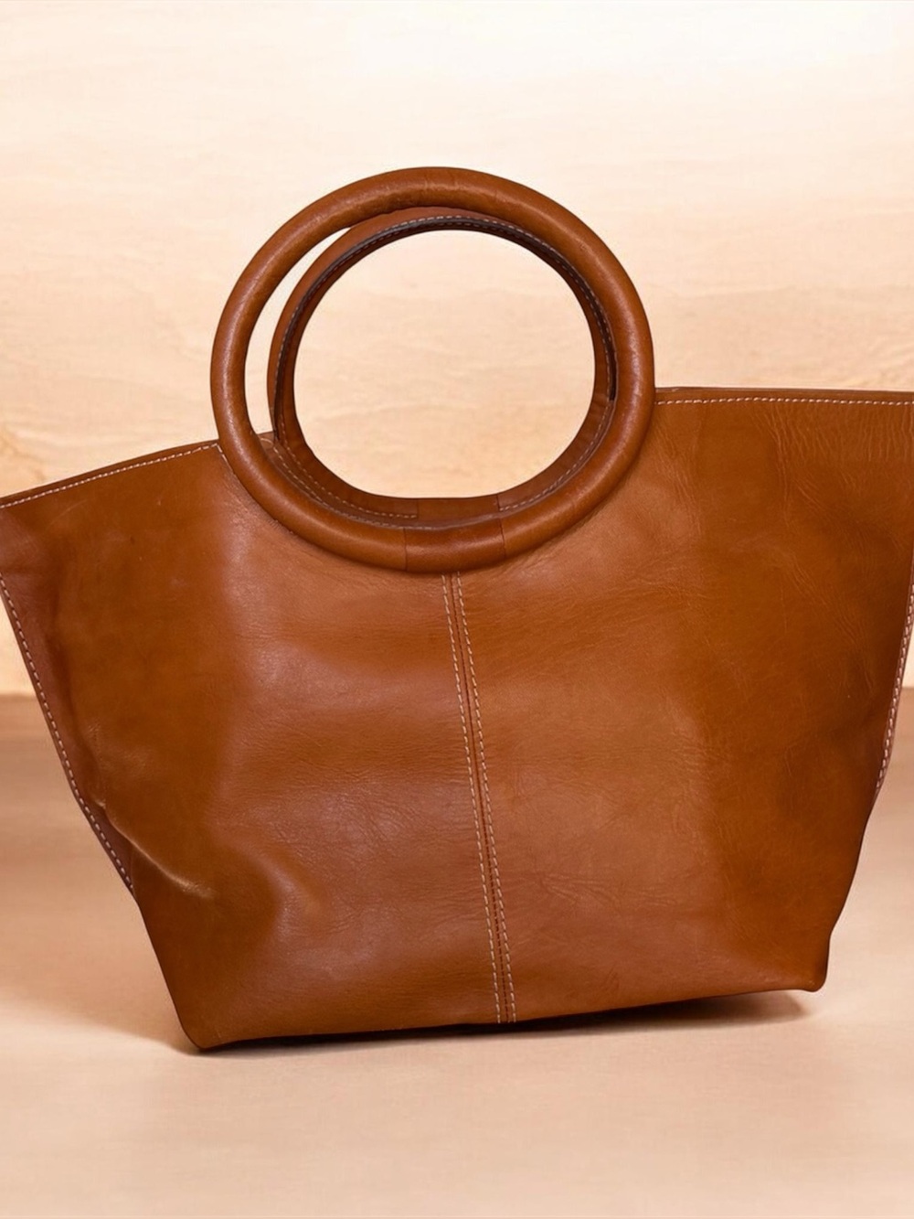 Cognac Leather Circle Handle Tote Bag Boho Minimalist Artisan Purse